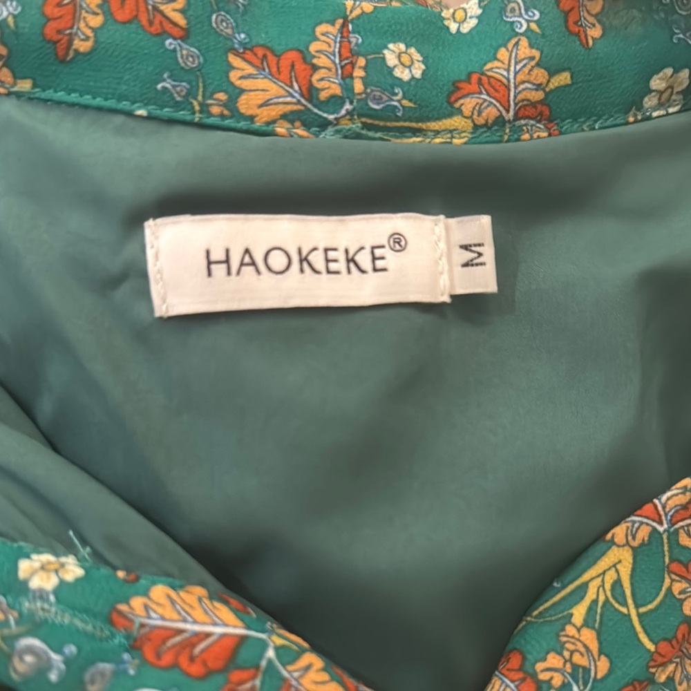 Haokeke Green Floral Long Sleeve Chiffon Pleated Midi Dress - M - Picture 16 of 16